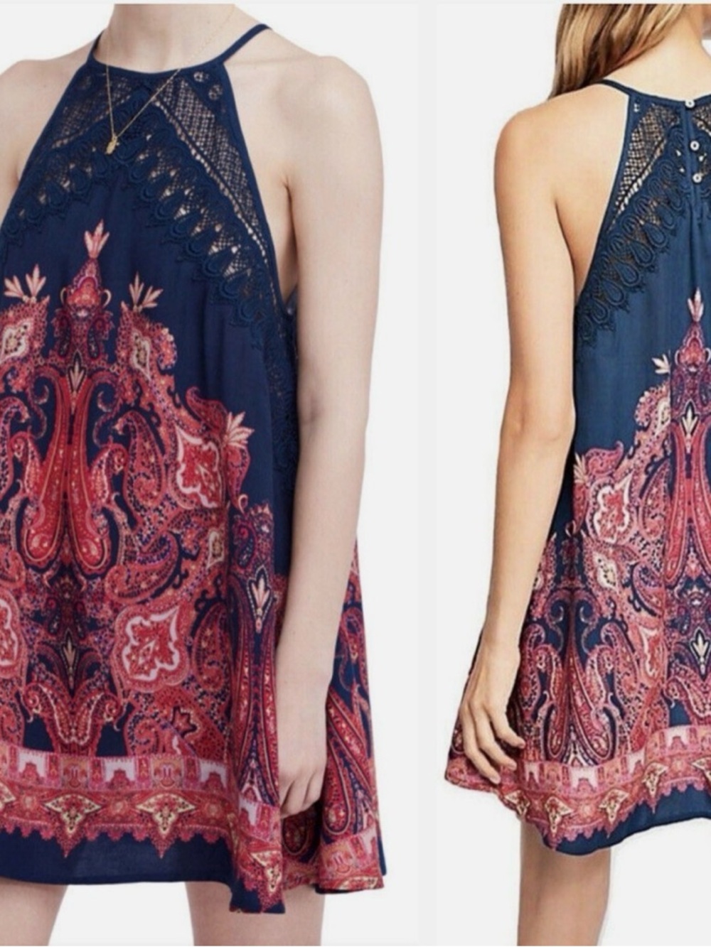 Free People Navy and Red Paisley Halter Mini Dress